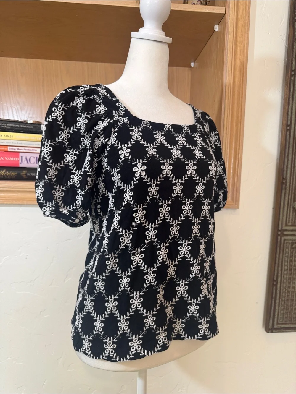 Lost Black and White Square Neck Blouse with Puff Sleeve Detail